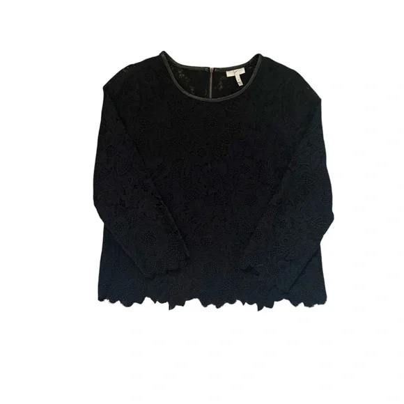 Joie Black Lace Whimsigoth Long Sleeve Top Faux Leather Collar Size Medium - Picture 2 of 8